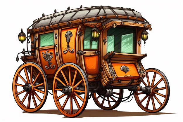 Вектор Дикий западный стиль деревянный вагон с бочковой лопатой и фонарем ручно нарисованный западный вектор