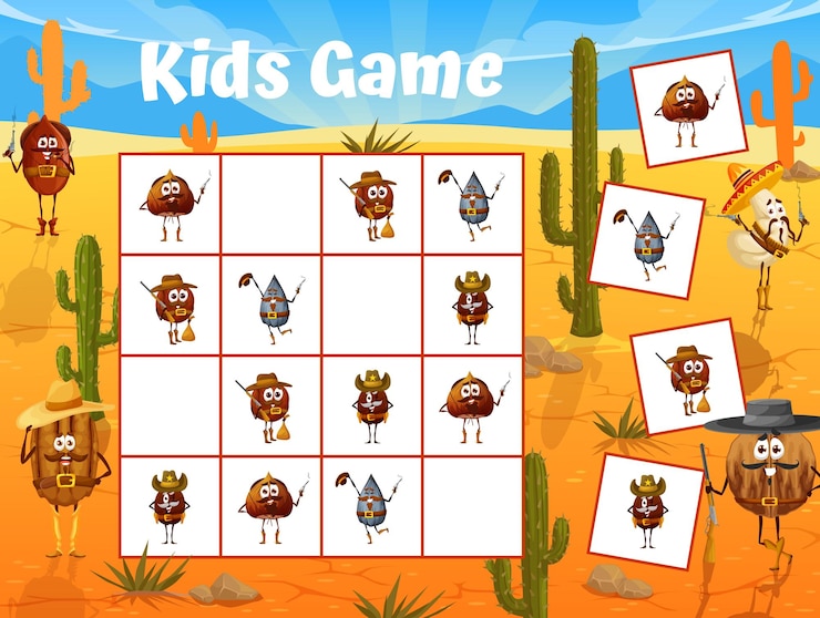 Vector wild west sudoku game with nut cowboys characters