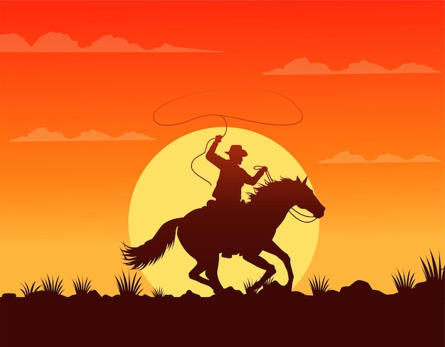 Wild west sunset scene with cowboy in horse running