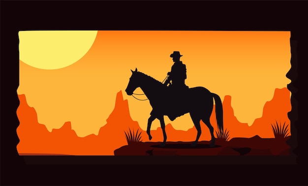 Scena del tramonto del selvaggio west con cowboy a cavallo