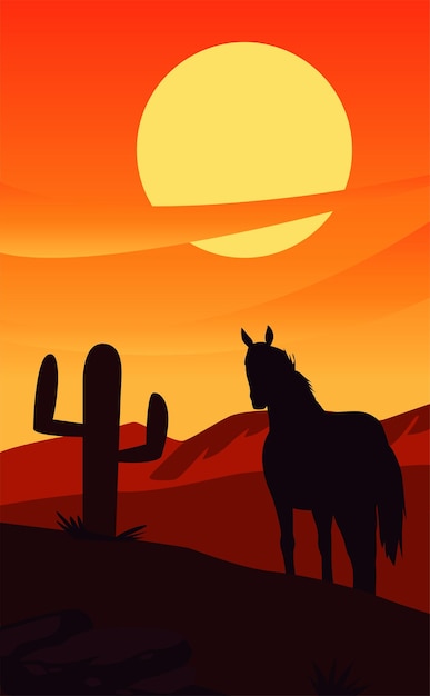 Wild west sunset scene with horse and cactus desert