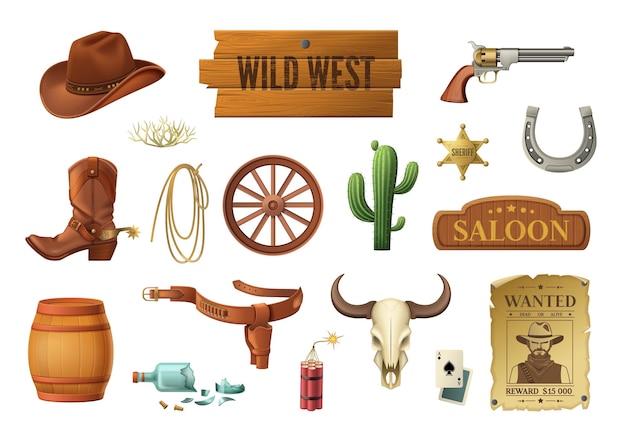 Символы Дикого Запада мультяшный набор с ковбойской шляпой пистолет кактус динамит лассо вывеска салон разыскивается плакат на белом фоне изолированные векторные иллюстрации