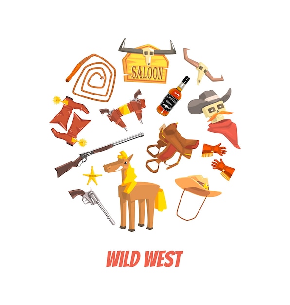 Wild West Symbols of Round Shape Western Elements Vector illustration