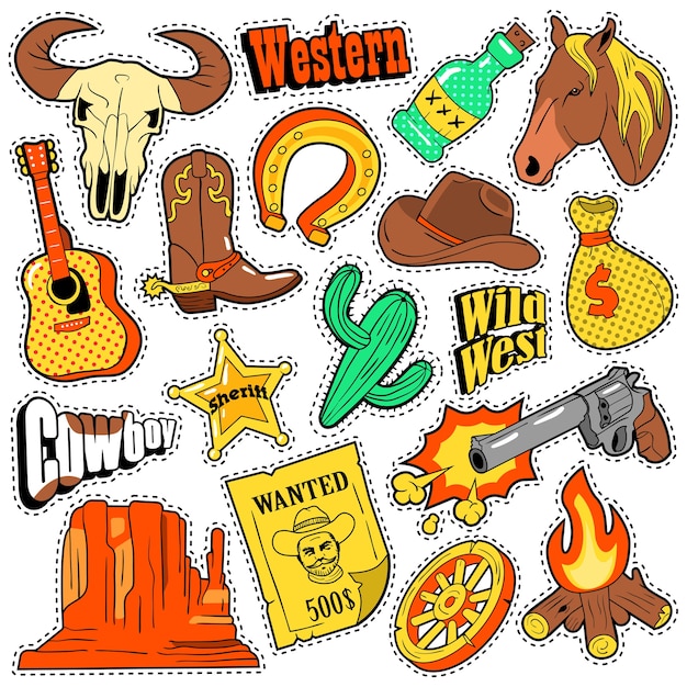 Wild west texas western badges, patches, stickers met cowboy, paard, pistool en sheriff. tekening