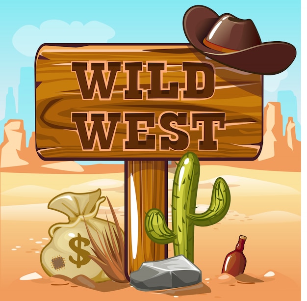 Vector wild west text on wooden sign post