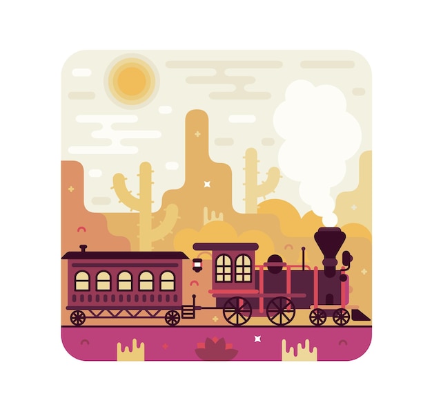 Vector wild west vector illustration desert with cacti and old train