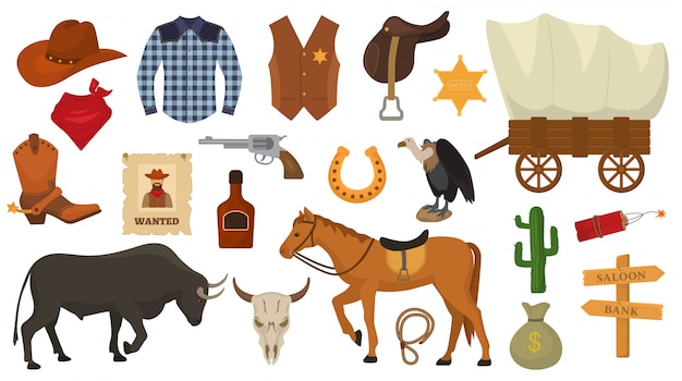 Vector wild west vector western cowboy of sheriff ondertekent hoed of hoef in wildlife woestijn met cactus illustratie wild paard karakter voor rodeo set geïsoleerd op wit