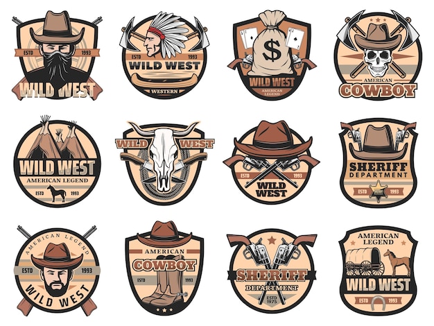 Vettore icone vettoriali vintage del selvaggio west