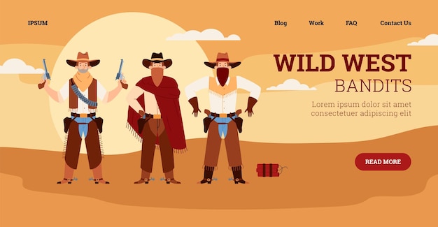 Веб-баннер дикого запада с ковбоями или западными бандитами с плоской векторной иллюстрацией