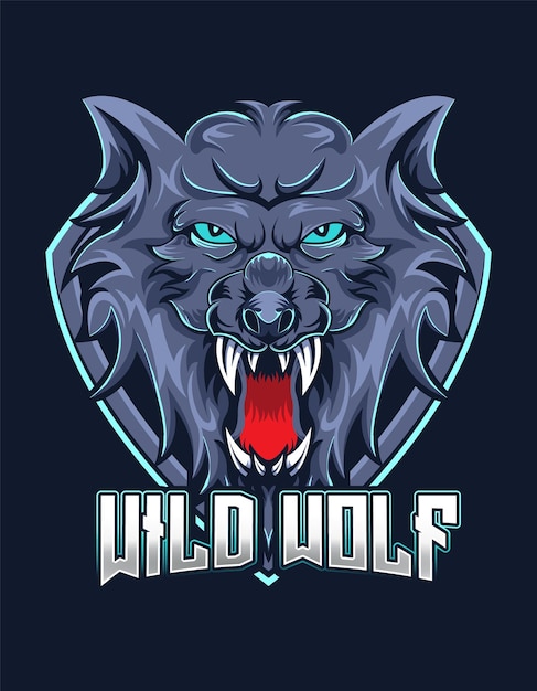 Wild wolf mascotte con scudo per il disegno vettoriale del logo di gioco esport