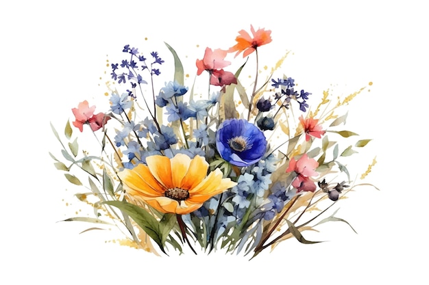 Wilde bloemen aquarel boeket botanische hand getekende illustratie Platte vectorillustratie geïsoleerd op witte achtergrond