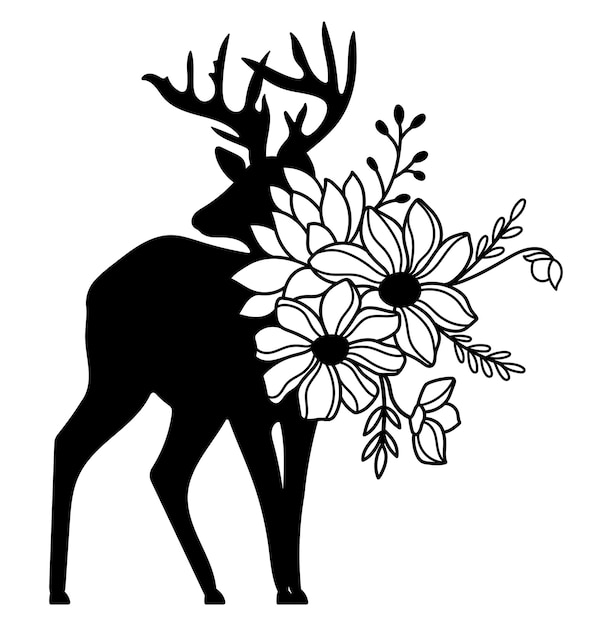 Wilde bloemen herten silhouet Hemelse mystieke bloemen wild dier vectorillustratie