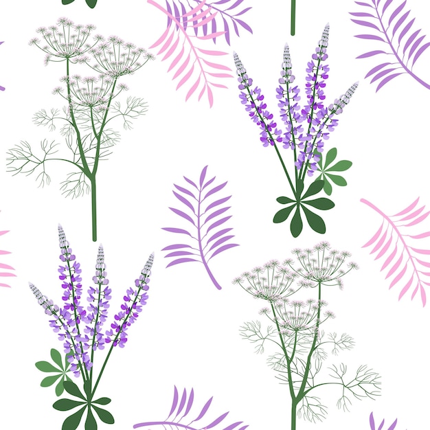 Wilde bloemen Naadloze zomer patroon met lupine dille en bladeren Vector illustratie