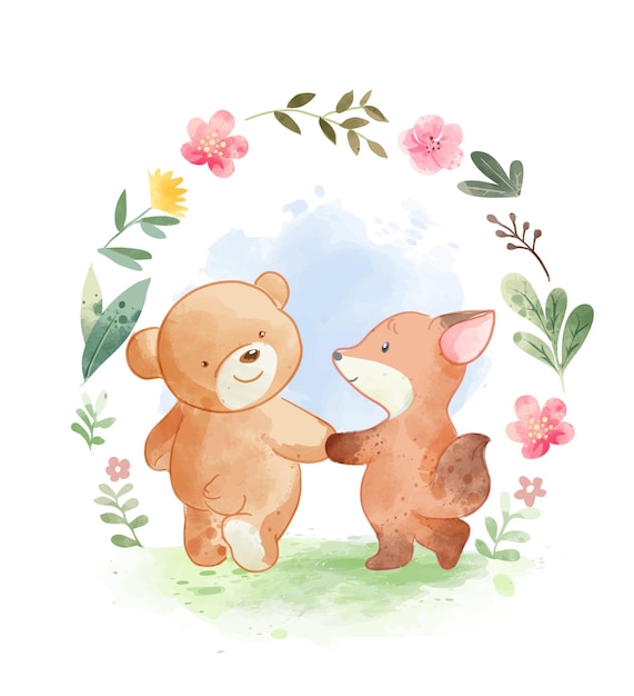 wilde dieren cartoon vrienden hand in hand in bloem frame illustratie