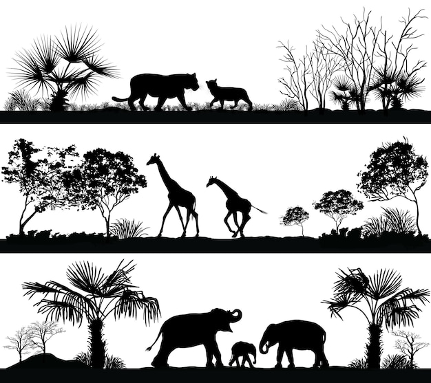 Vector wilde dieren giraffe olifant leeuw in verschillende habitats