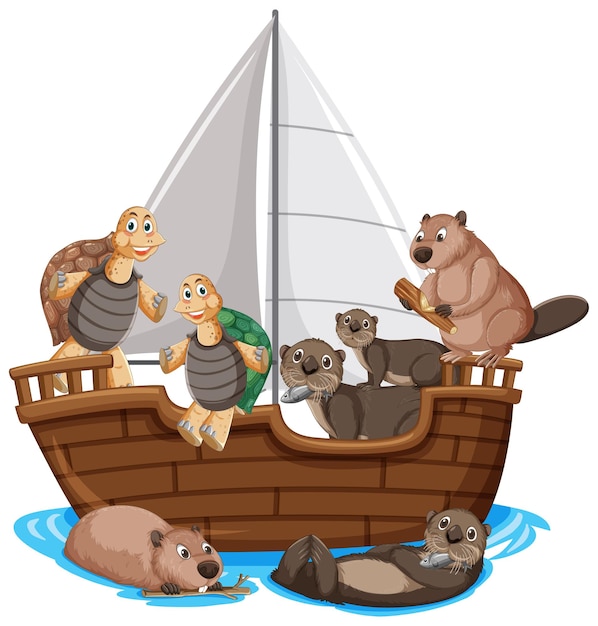 Wilde dieren op een schip in tekenfilmstijl