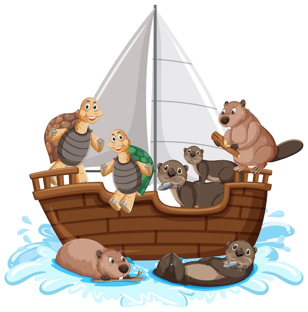 Wilde dieren op een schip in tekenfilmstijl