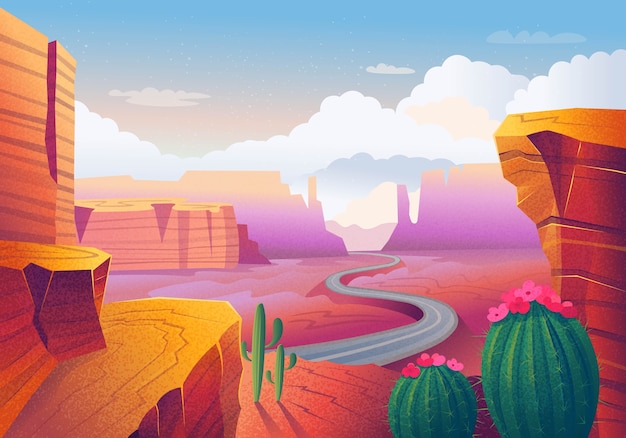 Vector wilde westen texas. landschap met rode bergen, cactus, weg en wolken. illustratie.