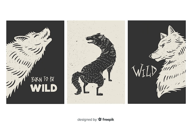 Vector wilde wolf kaartcollectie, zwart en wit