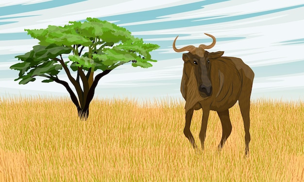 Vettore gnu nella savana africana con erba alta e un singolo albero all'orizzonte vettore realistico