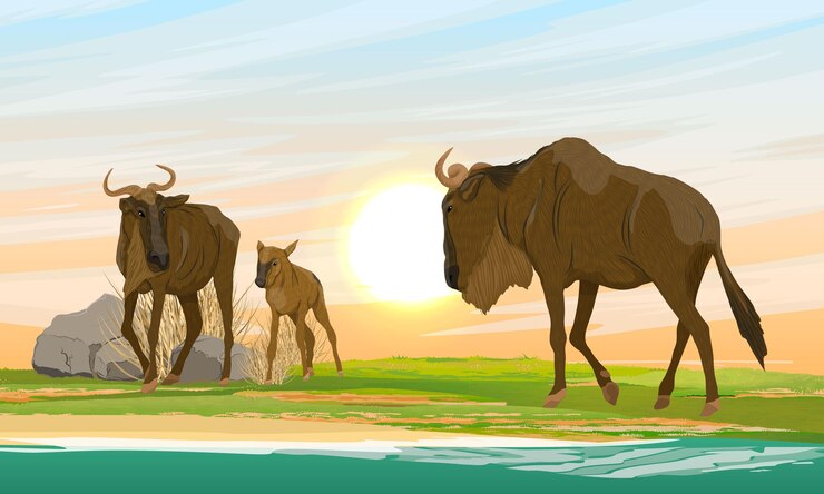 Vector wildebeest family on the shore of an african lake ungulates of africa at a watering hole wild life
