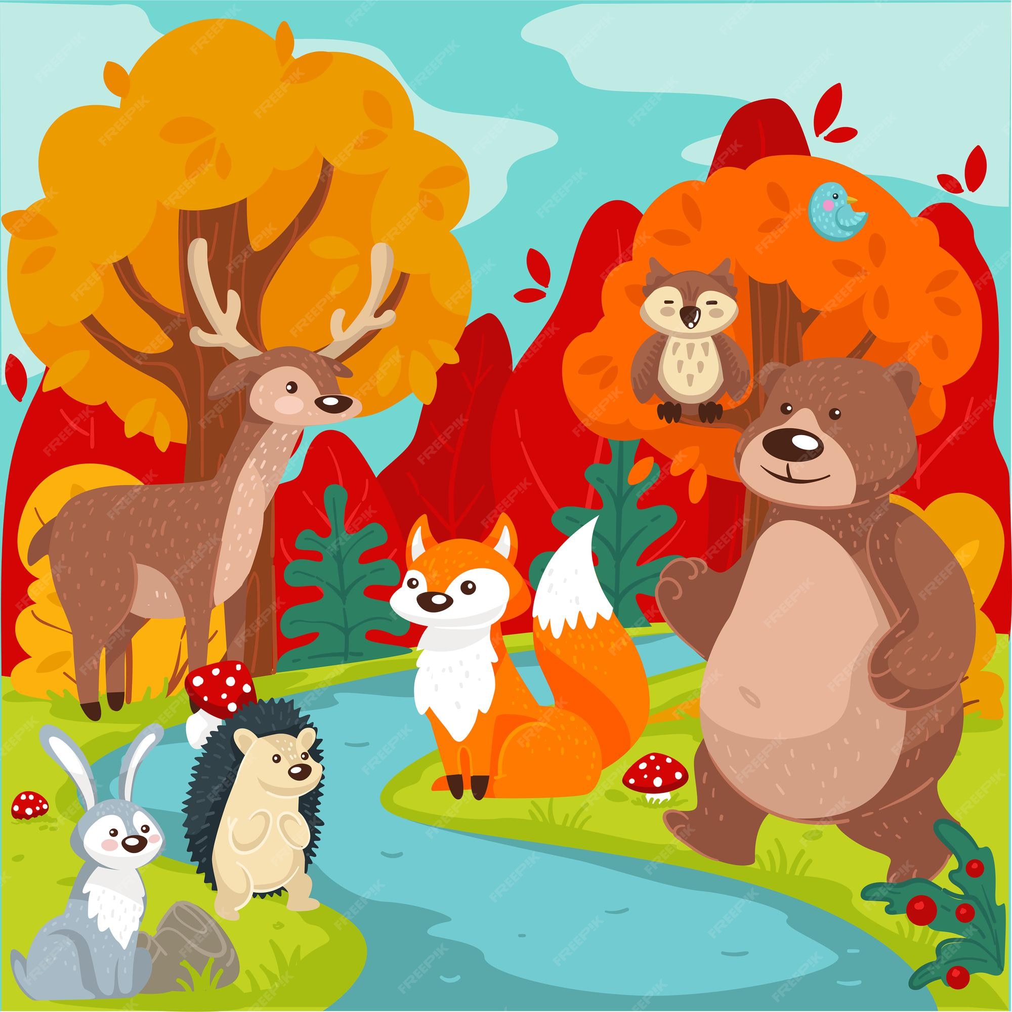 Premium Vector | Wilderness of forest or wood, friendly cute animals by  river. fox and bear, deer and bunny, hedgehog and own. flora and fauna of  pure nature, natural landscape in autumn