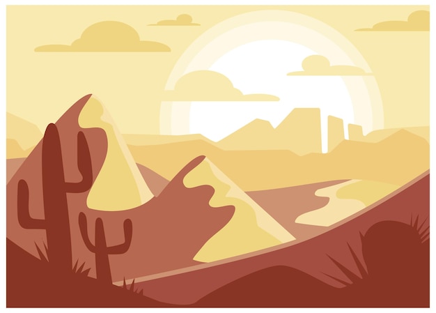 Vettore l'alba del paesaggio selvaggio porta il luogo del deserto americano delle dune di sabbia al tramonto con il cartone animato di cactus selvatici