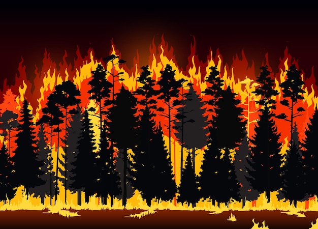 Vector wildfire danger disaster of forest fire flames burning vector pine trees and bushes nature background of forest fire at night with smoke clouds burnt trees black silhouettes environment protection