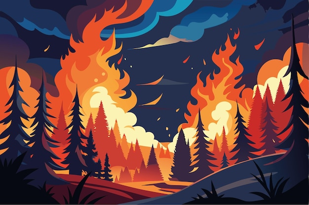 wildfire raging through forest at night glowing embers and smoke under dark sky vector art