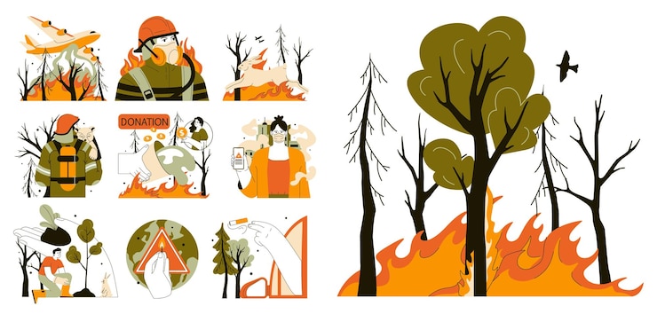 Vector wildfire set burning forest trees dangerous and harmfull nature disaster