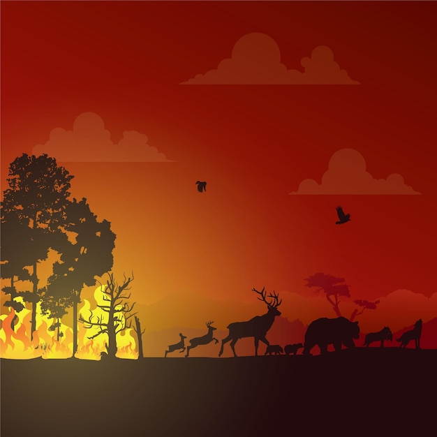 Wildfire silhouettes background Forest fire vector