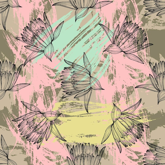 Fiore di loto fiore di campo in uno stile di linea contorno della pianta loto d'arte con inchiostro inciso in bianco e nero schizzo di fiori selvatici per cornice o bordo del modello dell'involucro della trama di sfondo