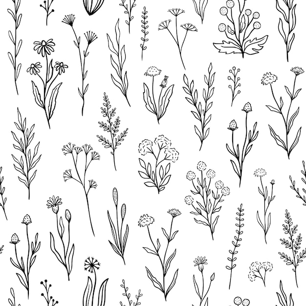 개요 Florals와 야생화 완벽 한 패턴입니다. 흑백 색상으로 손으로 그린 낙서 꽃을 사용한 복고풍 인쇄 디자인. 포장, 패브릭 디자인을 위한 간단한 필드 꽃 패턴.