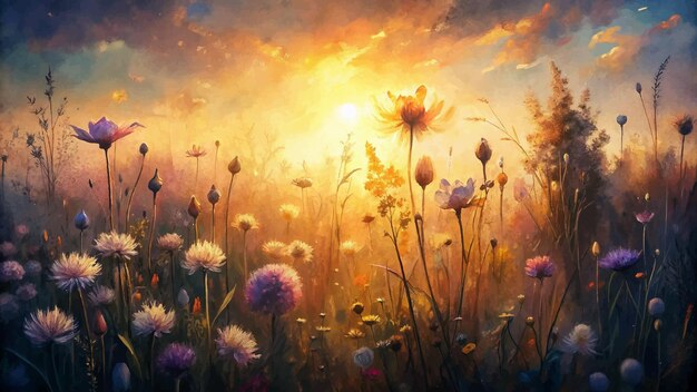 Vettore sfondio ad acquerello di fiori selvatici illuminato dalla luce del sole che tramonta