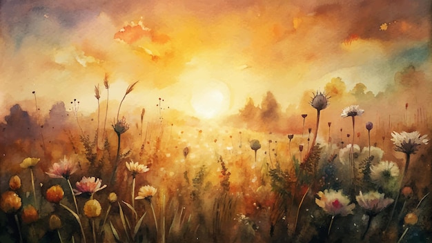 Vettore sfondo ad acquerello di fiori selvatici al tramonto