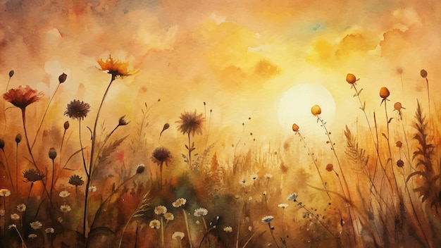 Wildflower watercolor background at sunset