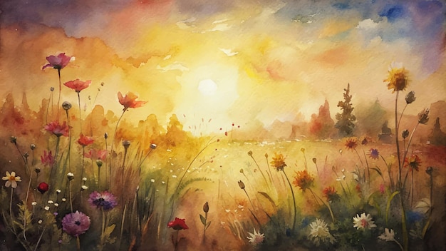 Vector wildflower watercolor background at sunset