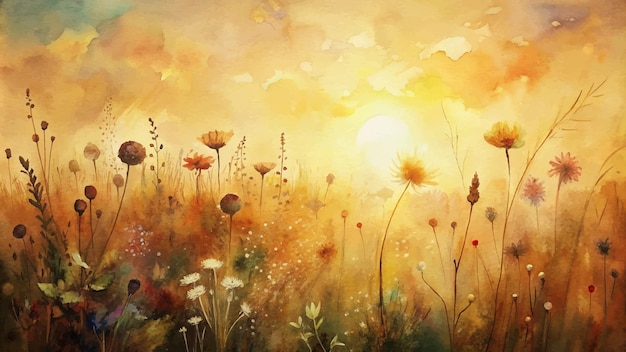 Wildflower watercolor background at sunset