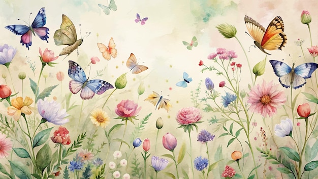 Vector wildflower watercolor background with colorful butterflies