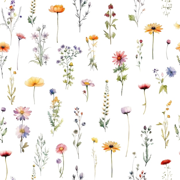 ワイルドフラワーの水彩画のシームレスなパターン 庭の花 自由奔放に生きる花の水彩画の花