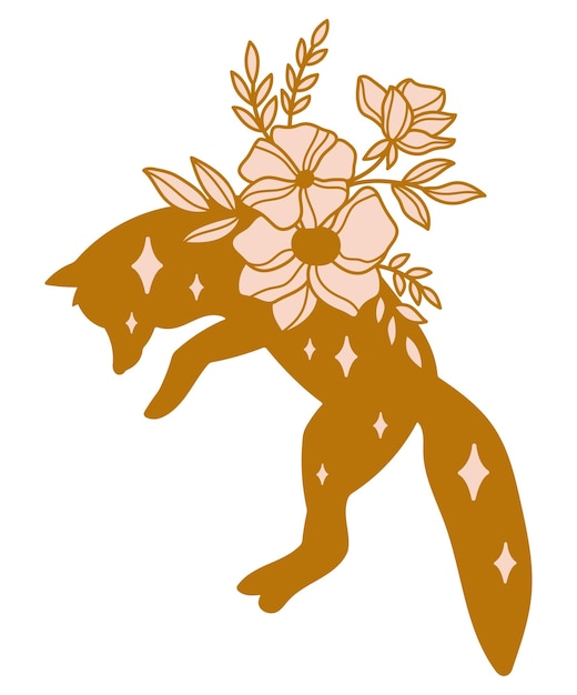 Wildflowers fox ginger silhouette. Celestial mystical florals wild animal vector illustration