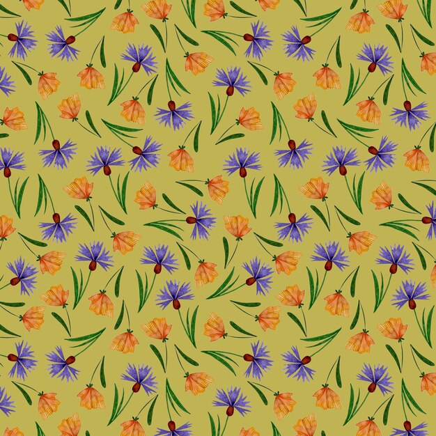 Wildflowers pattern watercolor orange and blue