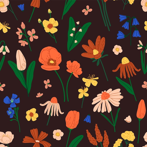 Fiori selvatici su motivi ripetibili diversi fiori selvatici di campo papavero campana camomilla fiori piante di prato stampa botanica infinita sfondo floreale colorato illustrazione vettoriale piatta senza cuciture