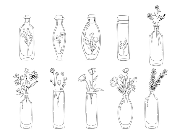 Fiori di campo in bottiglie di vetro vintage fiori in un vettore di scarabocchio semplice clipart botanico vaso