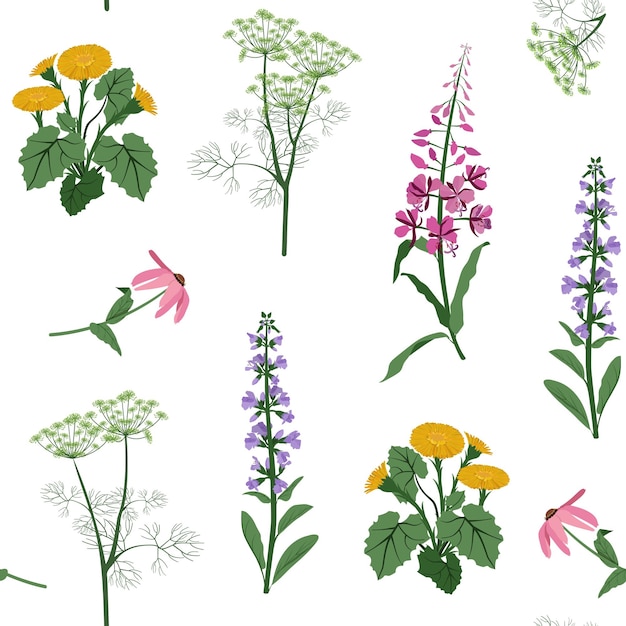 Fiori selvatici su uno sfondo bianco illustrazione vettoriale senza cuciture estiva per decorare i tessuti