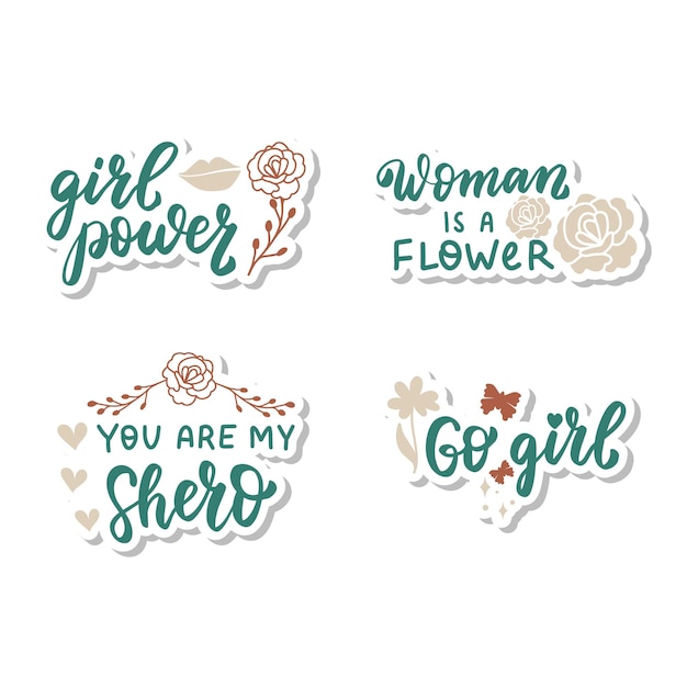 Wildflowers woman lettering set for stickers greeting card. Girl power woman is a flower