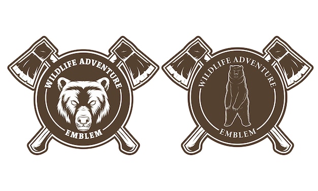 Vector wildlife adventure emblem design with bear drawing