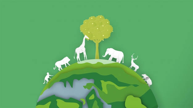 Wildlife animals are around the world. minimalism design in paper cut and craft style for world environment day.