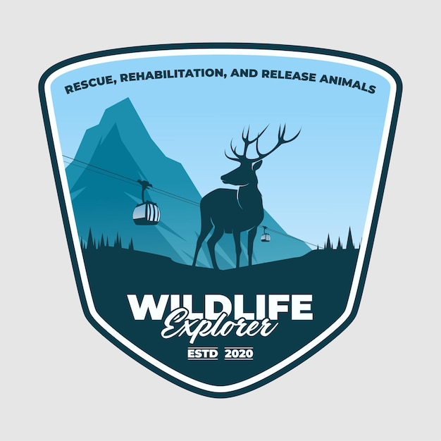 Vector wildlife explore emblem with deer gondola lift and nature mountain background