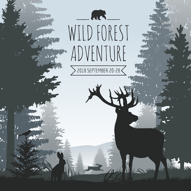 Вектор Дикая природа туманный хвойный лес вектор фон с соснами деревья и животные силуэты